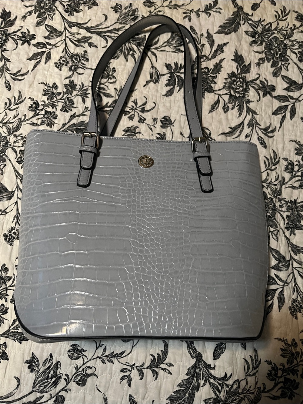 Anne Klein Light Gray Croc-Embossed Tote with Gold Accent